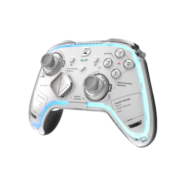 Gaming controller with illuminated accents on a white background
